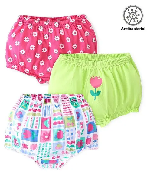 Babyhug 100% Cotton Knit Floral Printed Antibacterial Bloomers Pack of 3 - Multicolour