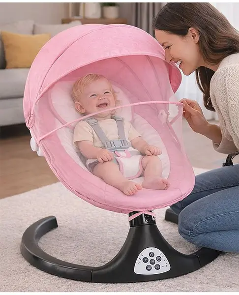 Automatic Electric Swing with Adjustable Swing Speed & Soothing Music with Mosquito Net & Safety Belt Comes With Food Tray - Pink