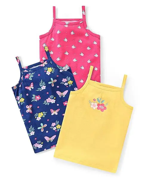 Babyhug 100% Cotton Knit Sleeveless Slips Floral & Butterfly Print Pack Of 3 - Pink Yellow & Blue