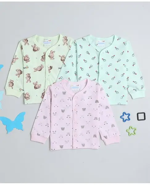BUMZEE Pack Of 3 Full Sleeves Animals & Hearts Printed Jhablas - Green & Pink