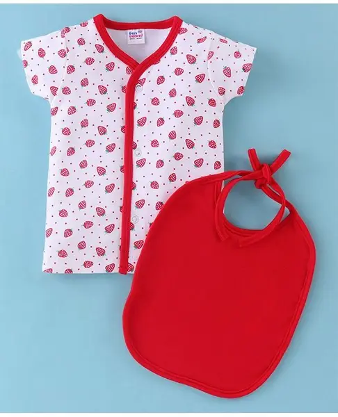 Ben Benny Interlock Knit Half Sleeves Vest with Bib Strawberry Print - Red & White