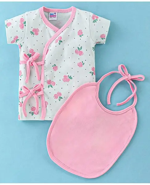 Ben Benny Interlock Knit Half Sleeves Vest with Bib Floral Print - Pink & Green
