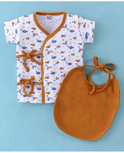 Ben Benny Interlock Knit Half Sleeves Vest with Bib Aeroplane Print - Brown & White