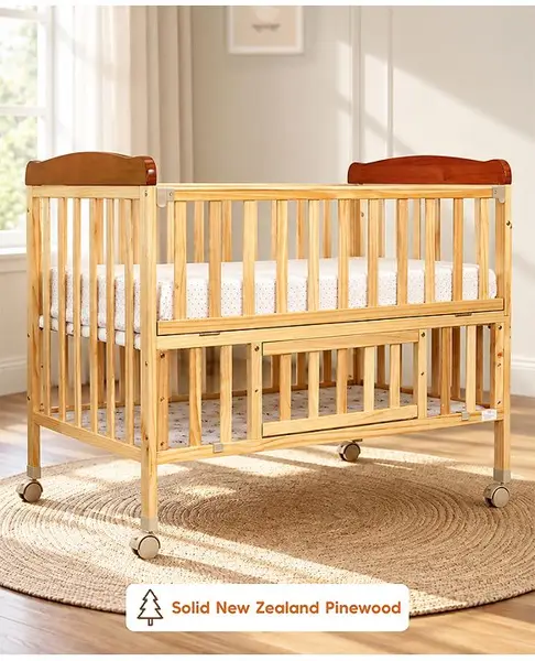 Babyhug Hamilton Wooden Cot With Mosquito Net & Storage Space - Natural Finish