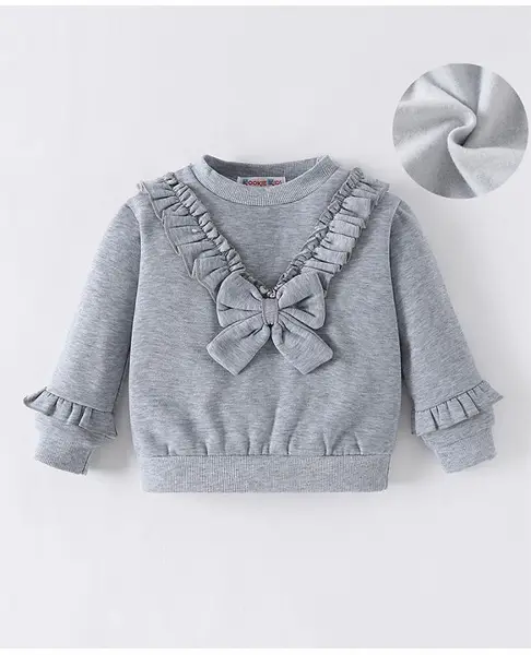 Kookie Kids Full Sleeves Solid Colour Winter Top With Frill & Bow Detailing - Grey