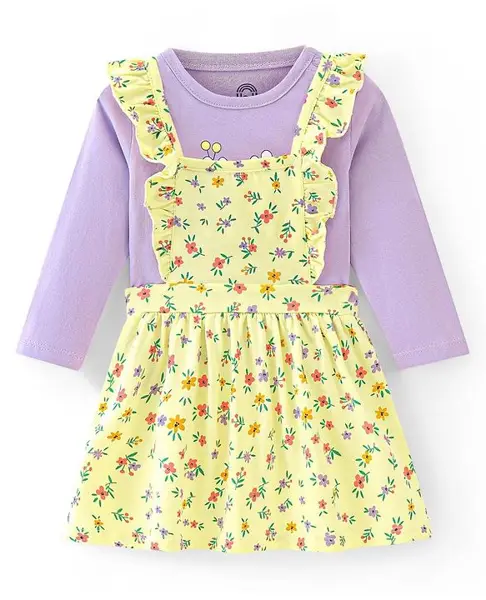 Doodle Poodle 100% Cotton Knit Frock with Full Sleeves T-Shirt Floral Print - Yellow & Lavender