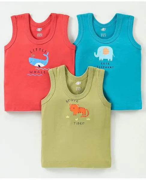 Zero Sinker Knit Sleeveless Set Of Vests Elephant & Whale Print Pack of 3 - Multicolour