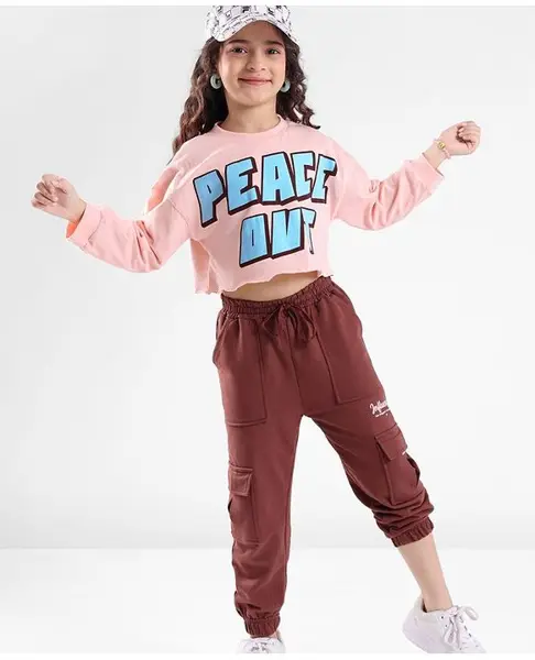 Ollington St. 100% Cotton Full Sleeves Text Printed Top with Print & Cargo Joggers - Peach & Brown