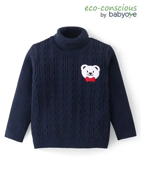 Babyoye 100% Cotton Full Sleeves Turtle Neck Solid Dyed T-Shirt with Bear Embroidery - Black