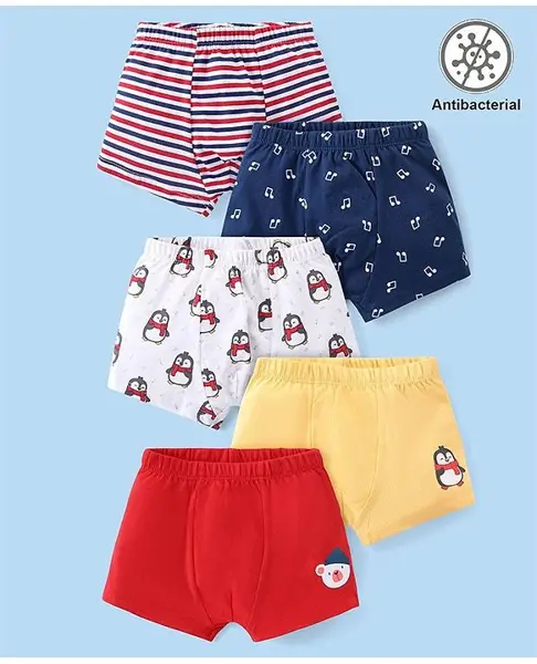 Babyhug 100% Cotton Knit Antibacterial Trunks  with Striped & Penguin Print  Pack of 5 - Red White &  Blue