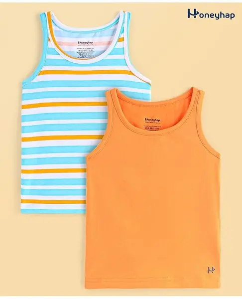 Honeyhap Premium Cotton Elastane Knit with Bio Finish Sleeveless Set of Vest Striped & Solid Colour Pack of 2 - Bright White & Blazing Orange