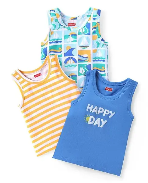 Babyhug 100% Cotton Knit Sleeveless Antibacterial Striped Sando Boat Print Pack of 3 - Multicolor