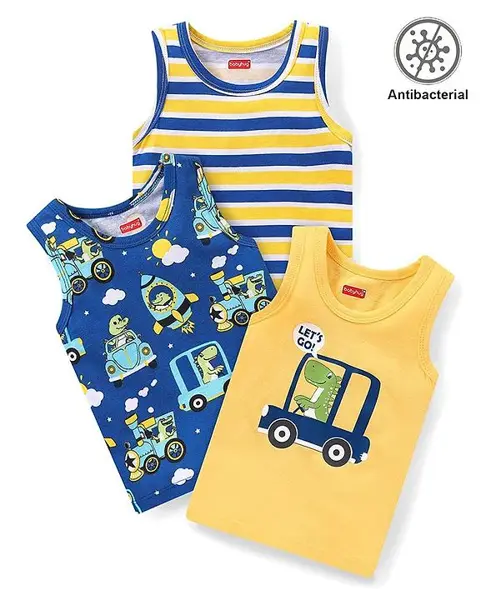 Babyhug 100% Cotton Knit Sleeveless Antibacterial Sandos Striped & Crocodile Print Pack of 3 - Multicolour