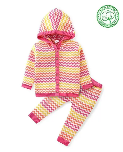 Babyhug Knitted Full Sleeves Hooded Sweater Set With Chevron Design - Yellow & Pink
