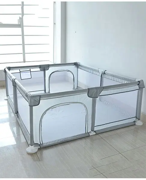Babyhug Smart Portable with Safety Lock Playpen with Play Gate Fence- Light Grey