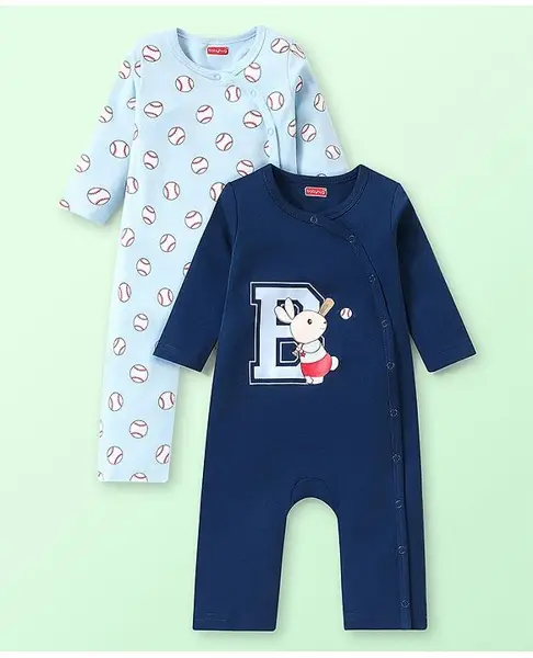 Babyhug 100% Cotton Knit Full Sleeves Rompers with Baseball & Bunny Print Pack of 2 - Multicolour