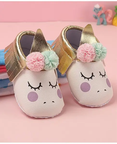 Babyoye Slip On Booties with Unicorn Print & Applique - White