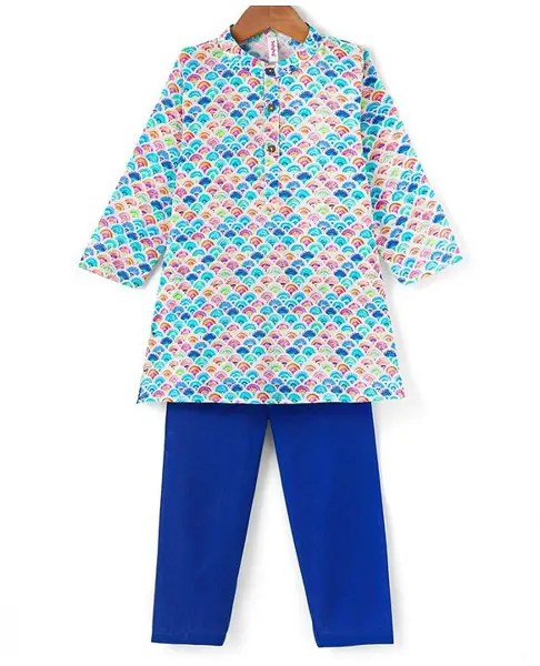 Babyhug Cotton Cambric Full Sleeves Kurta Pyjama Set Rainbow Print - Blue