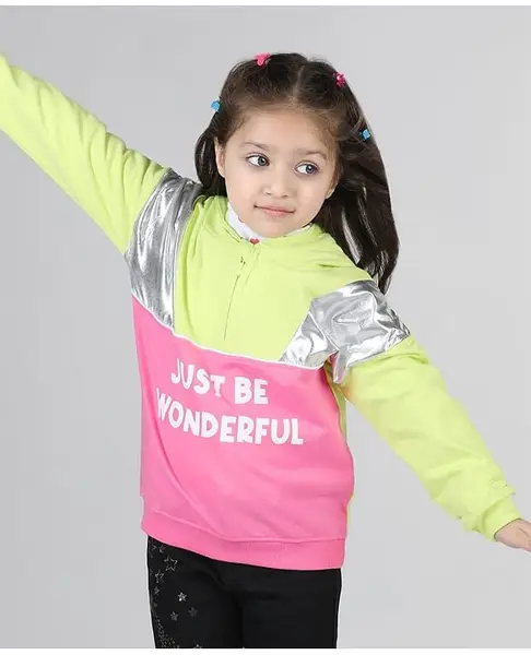 Babyhug Cotton Knit Full Sleeves Front Open Cut & Sew Hooded Sweat Shirt with Metallic Fabric & Zipper Detailing Text Print - Multicolour