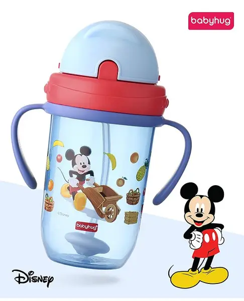 Babyhug Disney Flip Cap Open Sipper Cup with Weighted Straw & Mickey Mouse Print Blue - 270 ml