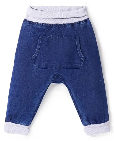 Babyhug Denim Full Length  Stretchable Joggers With Fox Print - Blue