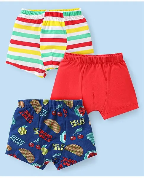 Babyhug 100% Cotton Above Knee Length Striped Trunks with Game Print Pack of 3 - Multicolour