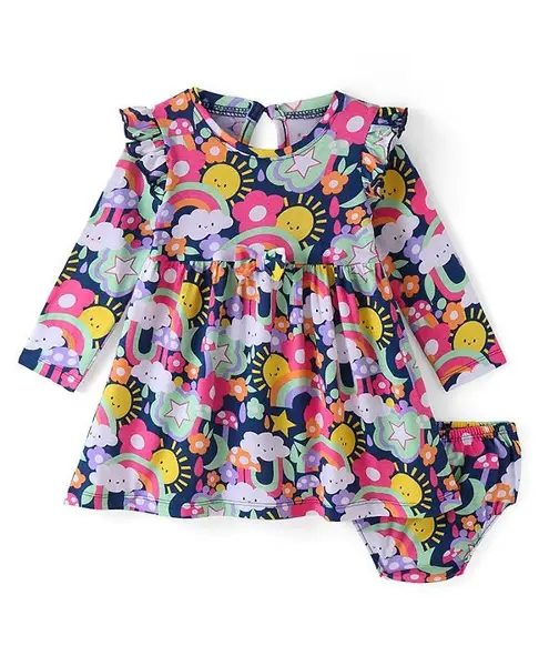 Babyhug Single Jersey Knit Full Sleeves Frock with Bloomer Sun & Cloud Print - Navy Blue