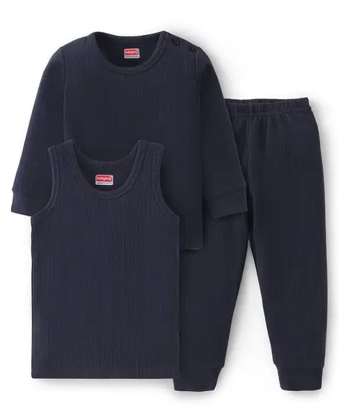 Babyhug Full Sleeves Solid Thermal Vests & Pant Set of 3 - Navy Blue
