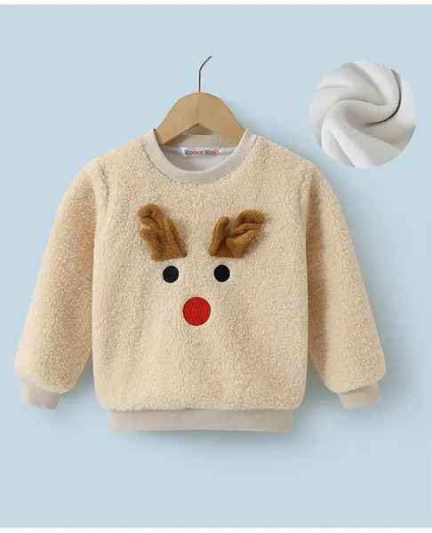 Kookie Kids Full Sleeves Winter T-Shirt With Reindeer Applique -  Cream