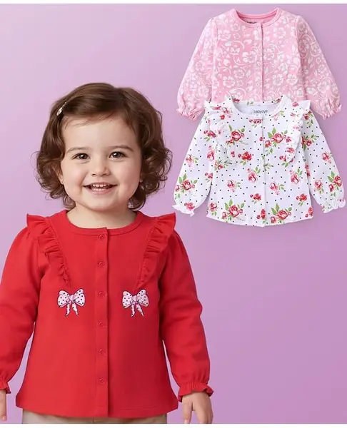 Babyoye 100% Cotton With Eco- Jiva Finish Full Sleeves Thermals Floral & Bow Print Pack Of 3 - Red Pink & White