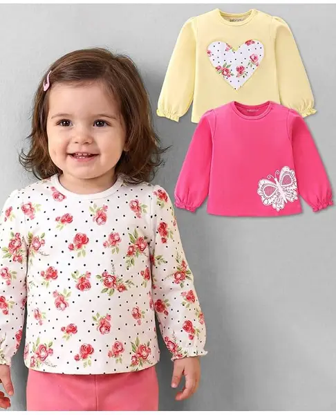 Babyoye 100% Cotton Eco- Jiva Finish Full Sleeves Tops with Floral & Heart Print Pack of 3 - Multicolor