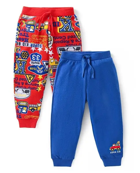 Babyhug Cotton  Knit Full Length  Lounge Pants  with Car Print Pack of 2 - Red & Blue