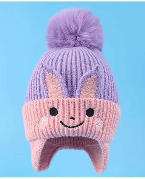 Babyhug Cable Knitted Woollen Cap with Ear Applique & Pom Pom - Lavender