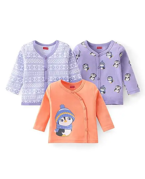 Babyhug 100% Cotton Knit Full Sleeves Penguin Printed Front Open Jhablas Pack Of 3 - Multicolour