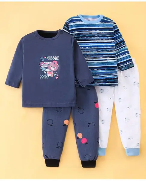 Kidi Wav Cotton Pack Of 2 Full Sleeves Striped & Bear Printed Tees & Pants Set - Multi Colour