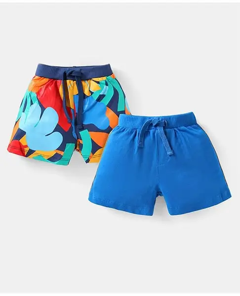 Babyhug Cotton Knit Solid Color & Printed Shorts Pack of 2 - Blue & Red