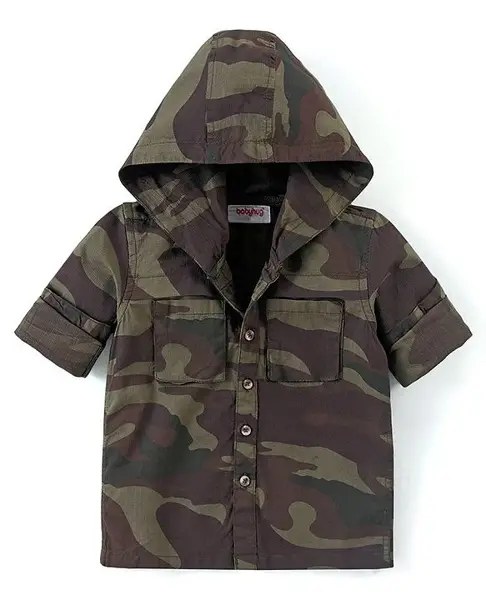 Babyhug Full Sleeves Hooded Shirt With Camouflage Print - Multicolour