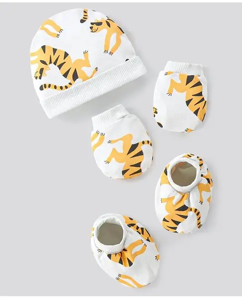 Bonfino Boys 100% Cotton Cap Mittens & Booties Tiger Print White - Diameter 12.5 cm
