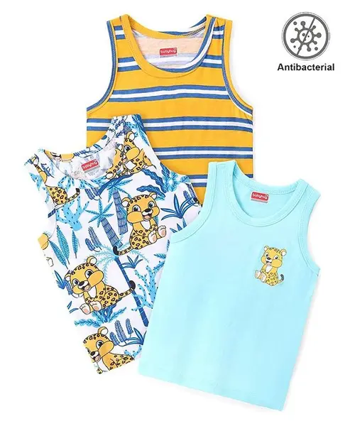 Babyhug 100% Cotton Sleeveless Antibacterial Sando Stiped & Cheetah Print Pack of 3 - Multicolour