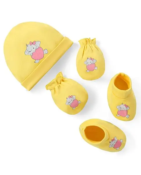 Doodle Poodle Interlock Cotton Knit Cap Mittens & Booties with Elephant Print - Yellow