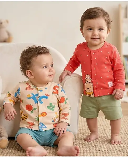 Babyoye 100% Cottton Eco Jiva Finish Full Sleeves Set of Vest Bear Print Pack of 2 - Cream & Coral