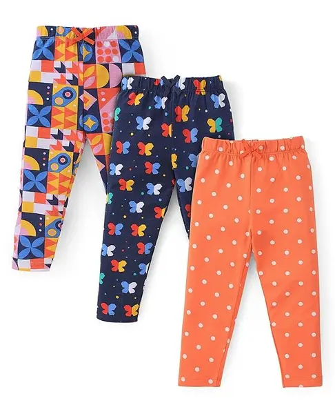 Babyhug Cotton Lycra Full Length Leggings with Polka Dots & Butterfly Print Pack of 3 - Multicolor