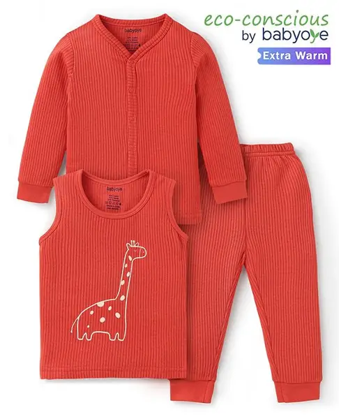 Babyhug Cotton Knit Full Sleeves Front Open Vest & Bottom Thermal Wear Combo Pack Of 3 - Red
