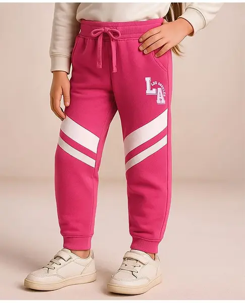 Babyhug Cotton Knit Full Length Lounge Pants With Text Print - Dark Pink