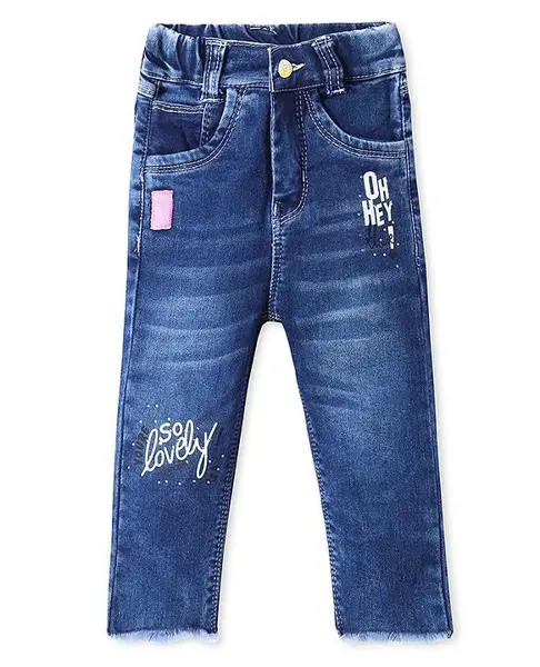 Olio Kids Denim Full Length Jeans with Text Print & Patch Detailing - Deep Blue