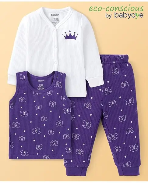 Babyoye Cotton Modal Knit Full Sleeves Front Open   Thermal Vests & Pant with Bow Print  - Purple & White