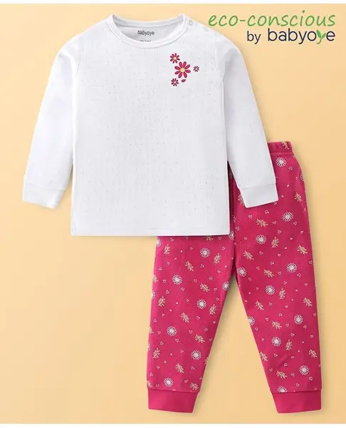 Babyoye Cotton Modal Knit Full Sleeves  Thermal Vest & Pant Set with Floral Print - White & Pink