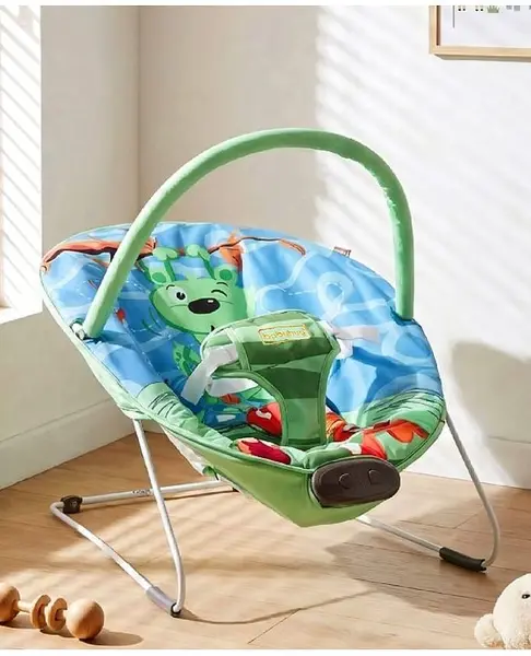 Babyhug Light Weight Comfy Bouncer With Music & Calming Vibrations Animal Print - Blue Green (Without Toys)