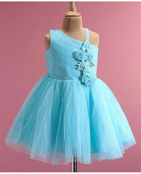 Enfance Sleeveless Floral Applique Detailed Net Dress - Ferozi Blue