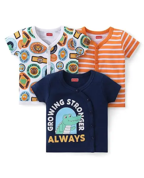 Babyhug 100% Cotton Knit Half Sleeves Striped & Printed Set Of Vests Pack Of 3 - Multicolor